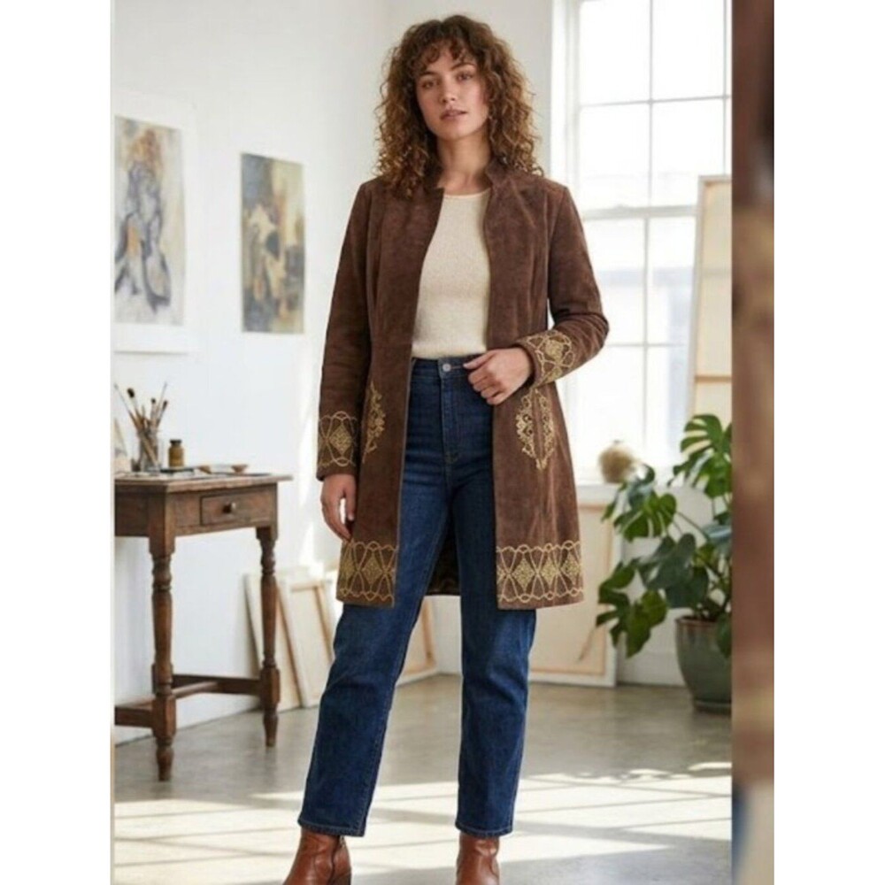 VTG Heart Moon Star Brown Suede Leather Coat Gold Embroidered XS Vintage Boho